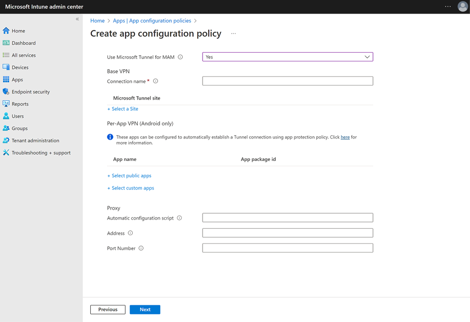 Screen shot of the app configuration policies settings configuration.