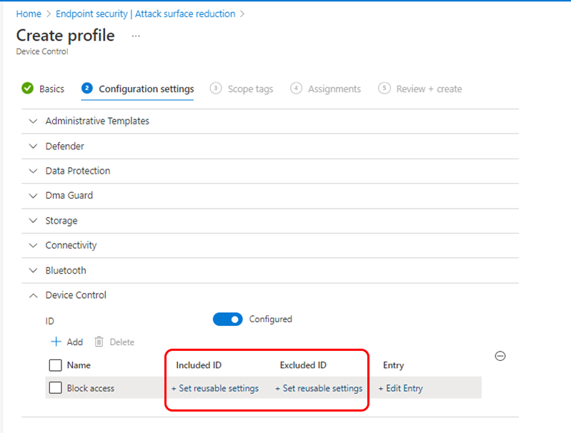 Screenshot that shows the Select Reusable settings pane for device control profiles.