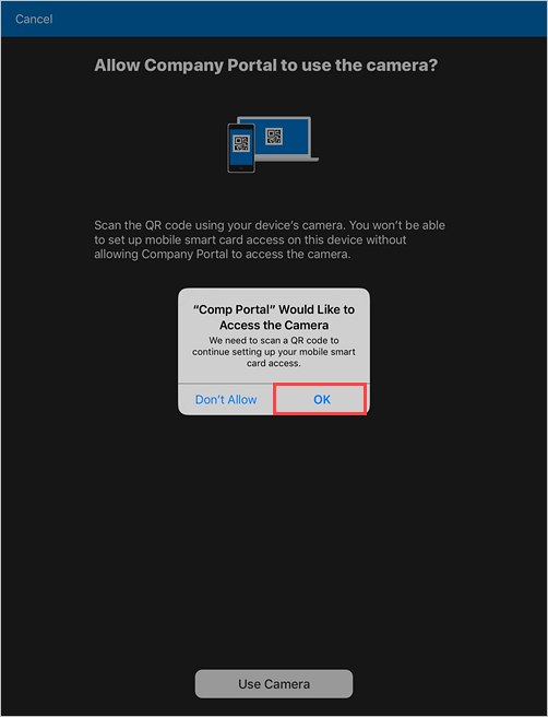 Example screenshot of a Company Portal prompt, asking permission to allow camera access.