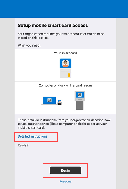 Example screenshot of the Company Portal Set up mobile smart card access screen.