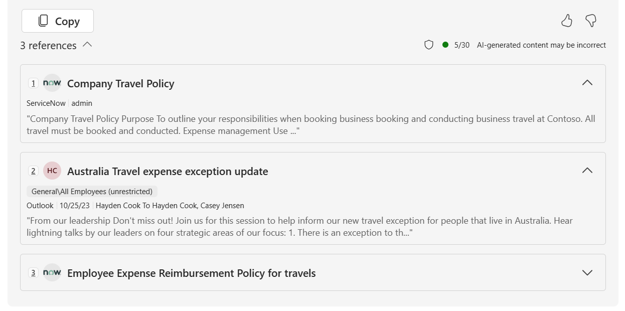 A screenshot of Graph connectors reference list in Microsoft 365 Copilot