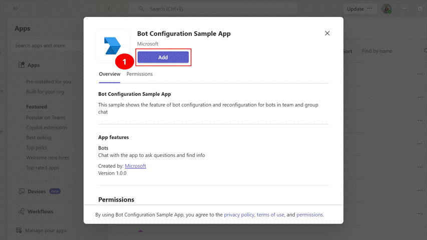 Graphical representation that shows adding a bot to a group chat and configuring the bot settings during installation.