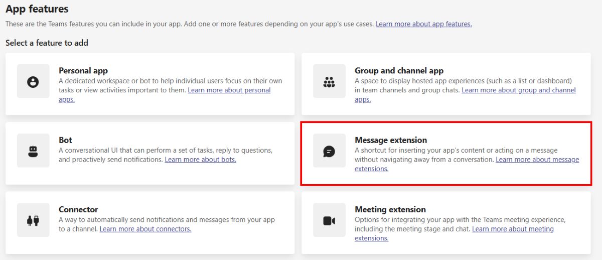 Screenshot shows the message extension option in Teams Developer Portal.