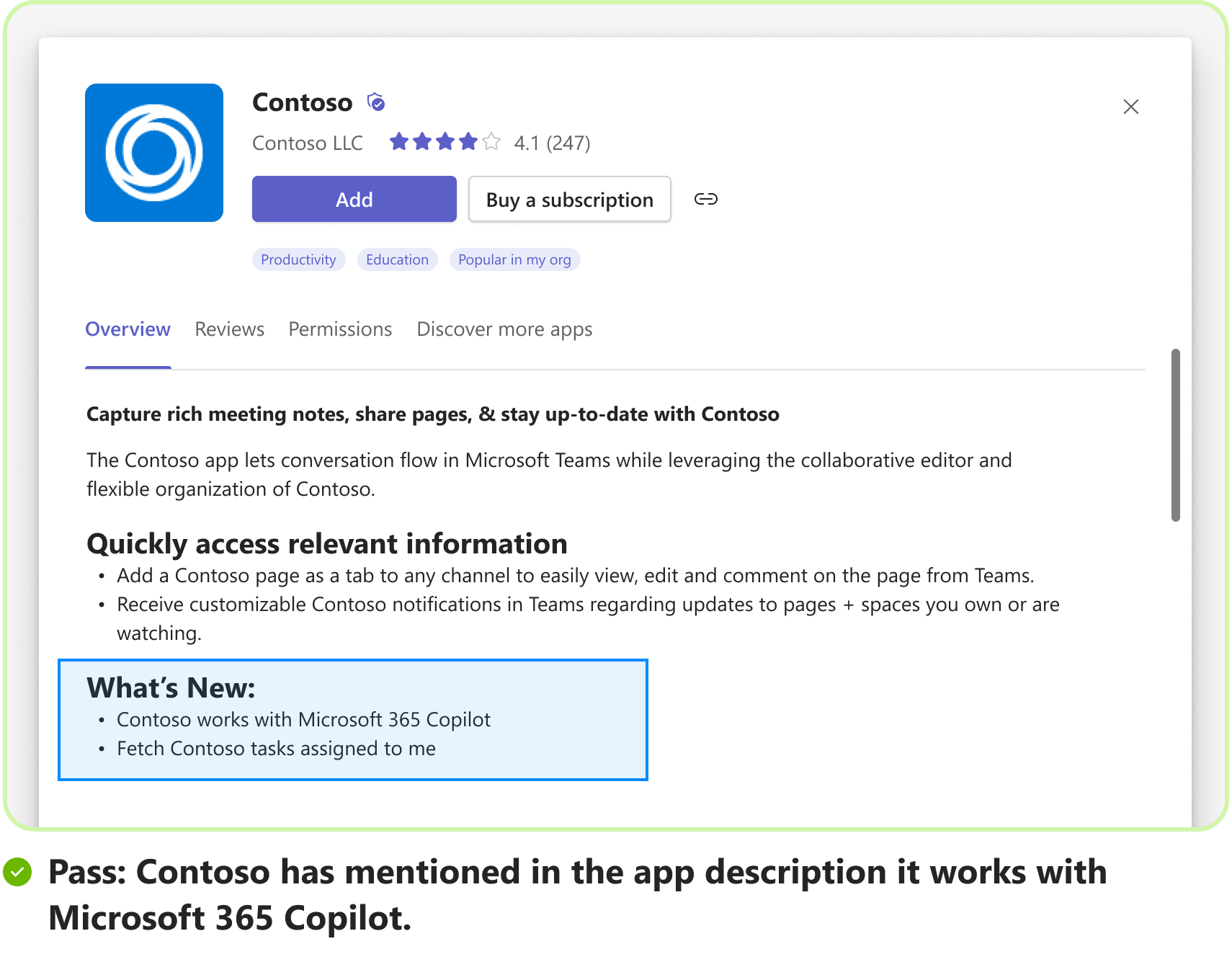 Screenshot shows a pass scenario with an example of a sample prompt for message extension agent in Microsoft 365 Copilot.