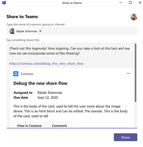 Screenshot shows the Share to Teams link unfurling experience.