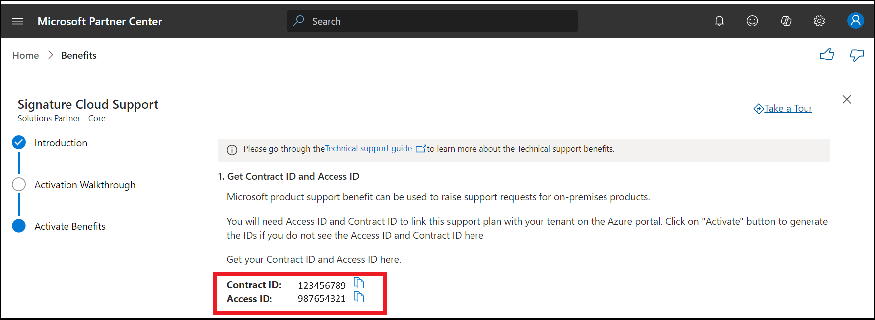 Screenshot of the Microsoft product support wizard, in the 'Activate Benefits' section. Contract ID and Access ID are highlighted.