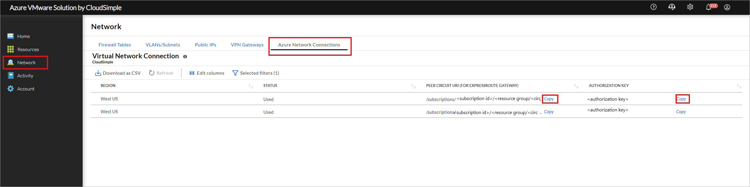 Virtual Network Connection page