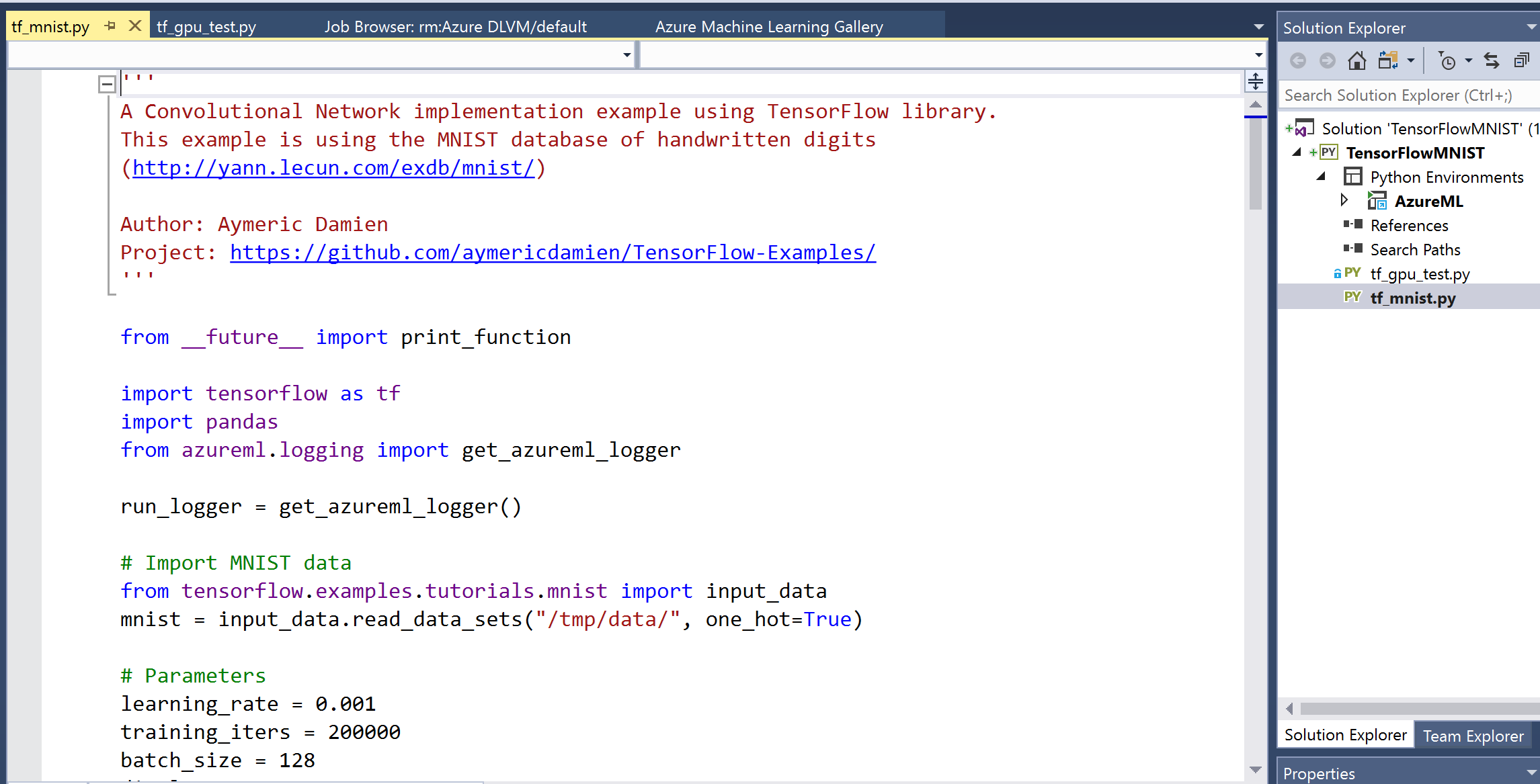 Screenshot of the Visual Studio Solution Explorer showing the files for the TensorFlowMNIST project. The code for tf_mnist.py is shown in the main window.