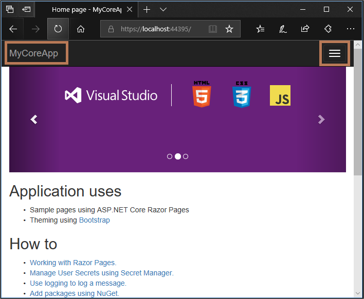 Screenshot shows the MyCoreApp project and the hamburger menu item highlighted in the menu bar of your web app.