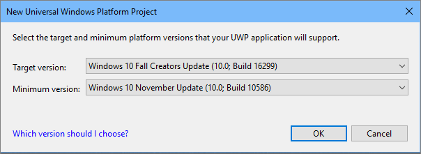 Screenshot of the New Universal Windows Platform Project dialog box showing the default Target version and Minimum version settings.