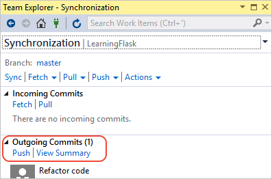 Push commits to remote in Team Explorer