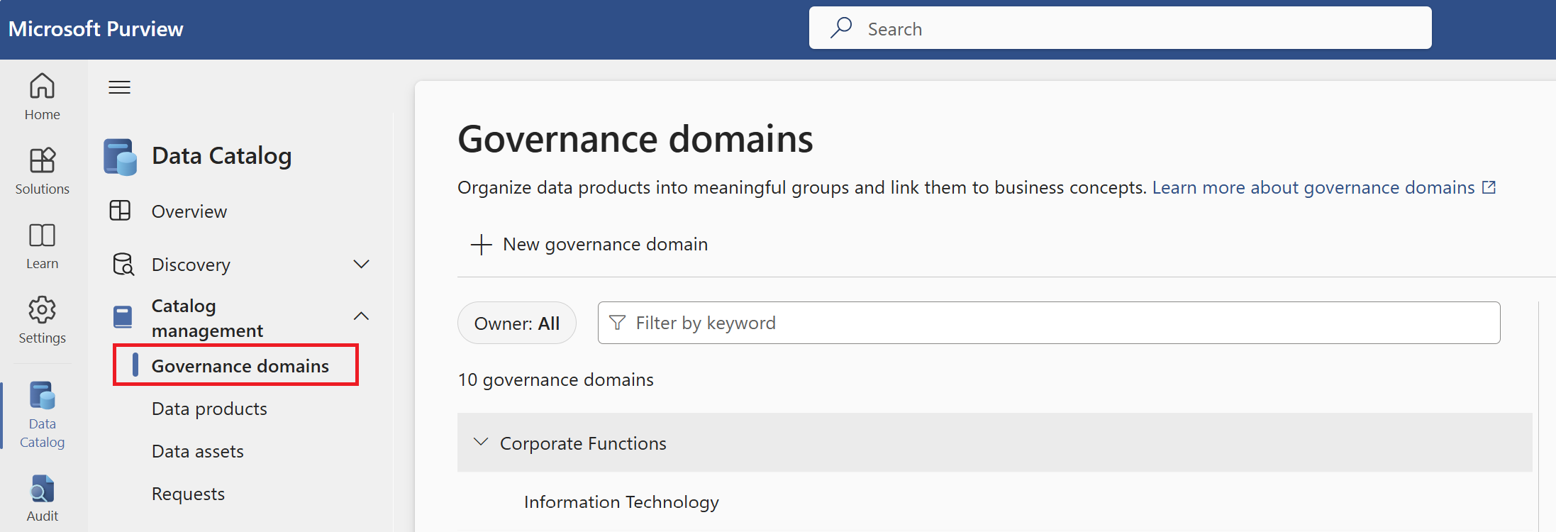 Screenshot of the governance domains page in the Microsoft Purview portal.