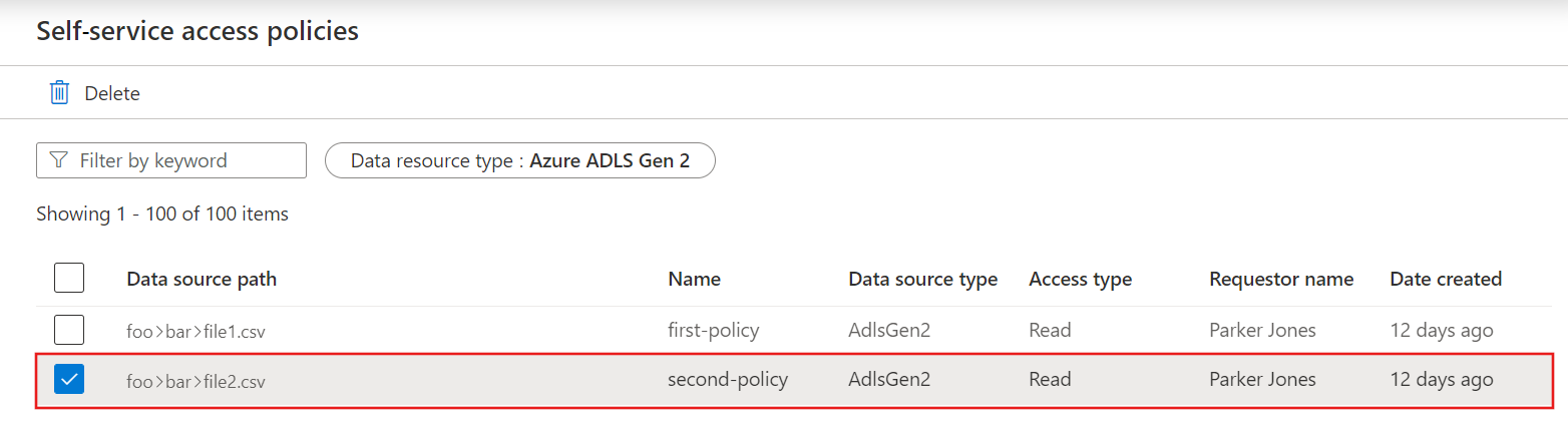 Screenshot showing the self-service access policies page with one policy selected.