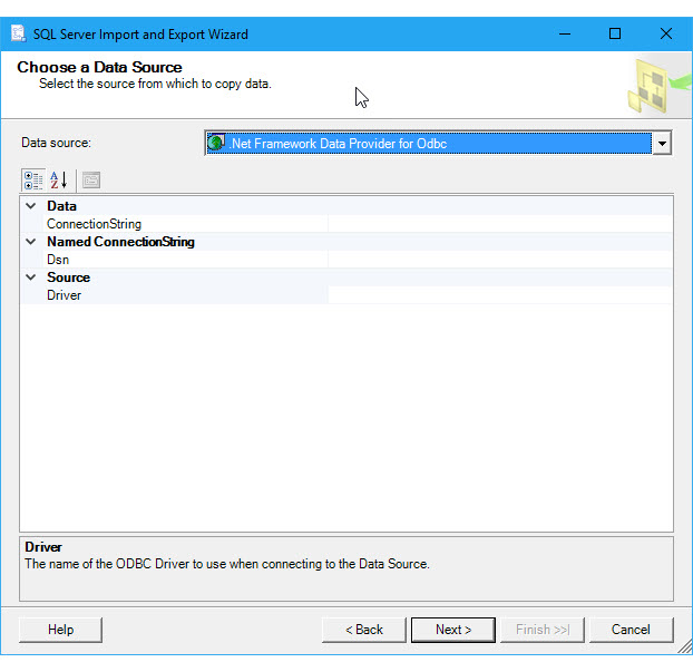 Screenshot of the SQL Server Import and Export Wizard showing the data source connection.