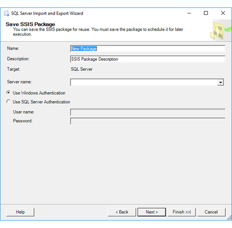 Screenshot showing the Save SSIS Package page of the Import and Export Wizard if you selected the SQL Server option on the Save and Run Package page.