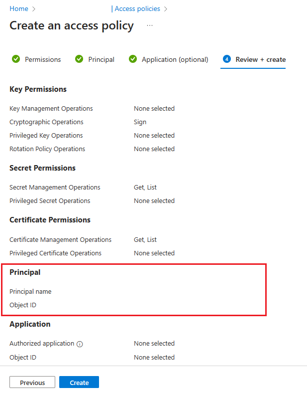 Screenshot of Azure portal to review and create access policy.