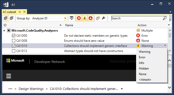 Screenshot that shows a rule set file open in the rule set editor with severity levels listed.