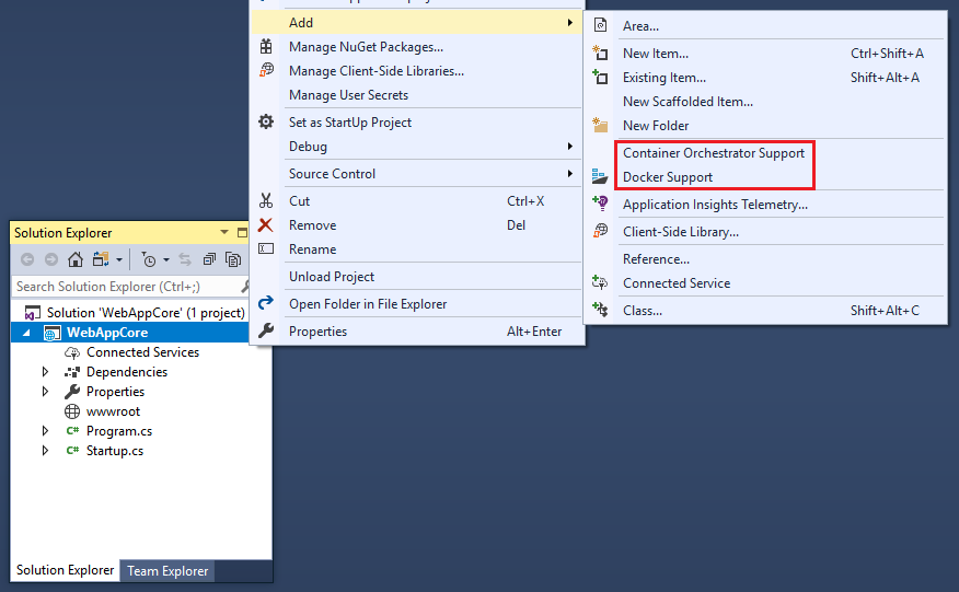 Screenshot showing how to add Docker Support menu option in Visual Studio.