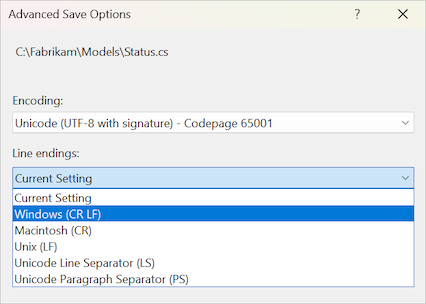 Screenshot of the Advanced Save Options dialog in Visual Studio.