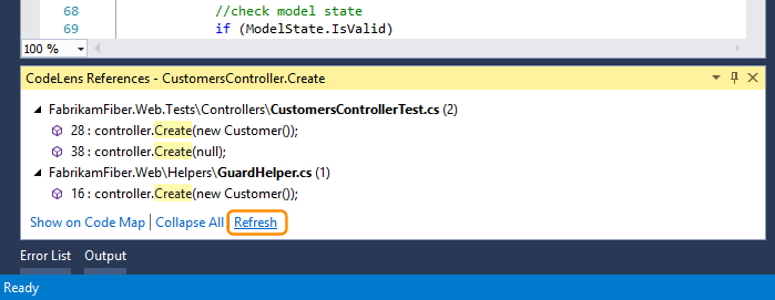 Screenshot of Refresh button in CodeLens References in Visual Studio 2019.