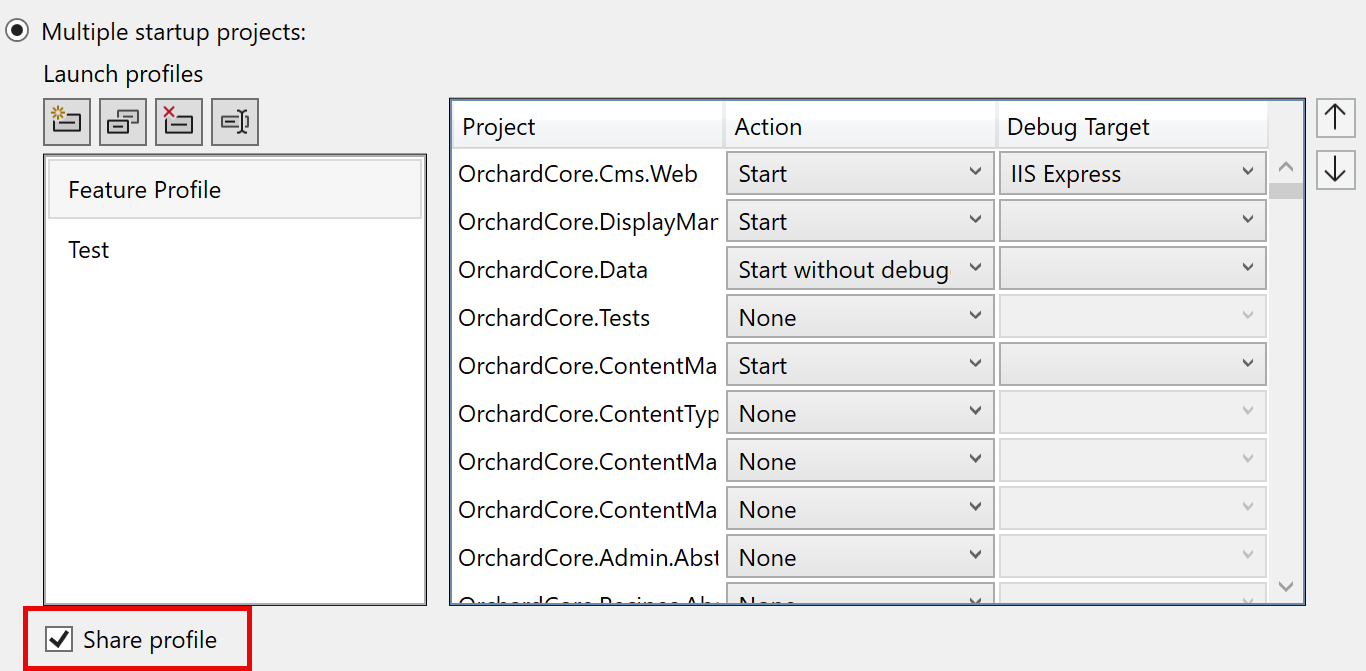 Screenshot that shows the Share Profile checkbox on the Solution Property pages dialog.