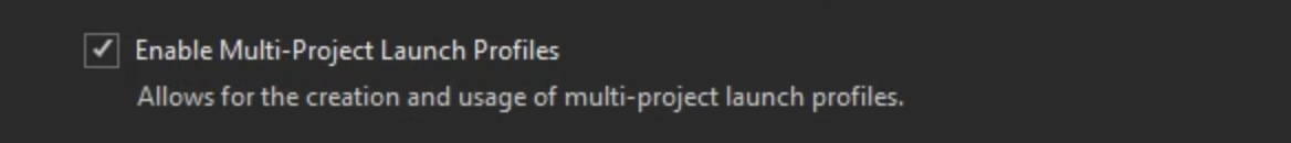 Screenshot showing the option to enable Multi-project Launch Profiles in the Tools Options dialog.