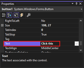 Screenshot that shows the Text field in the Properties window.