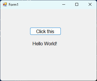 Screenshot that shows the Form1 dialog box that includes the button and a label.