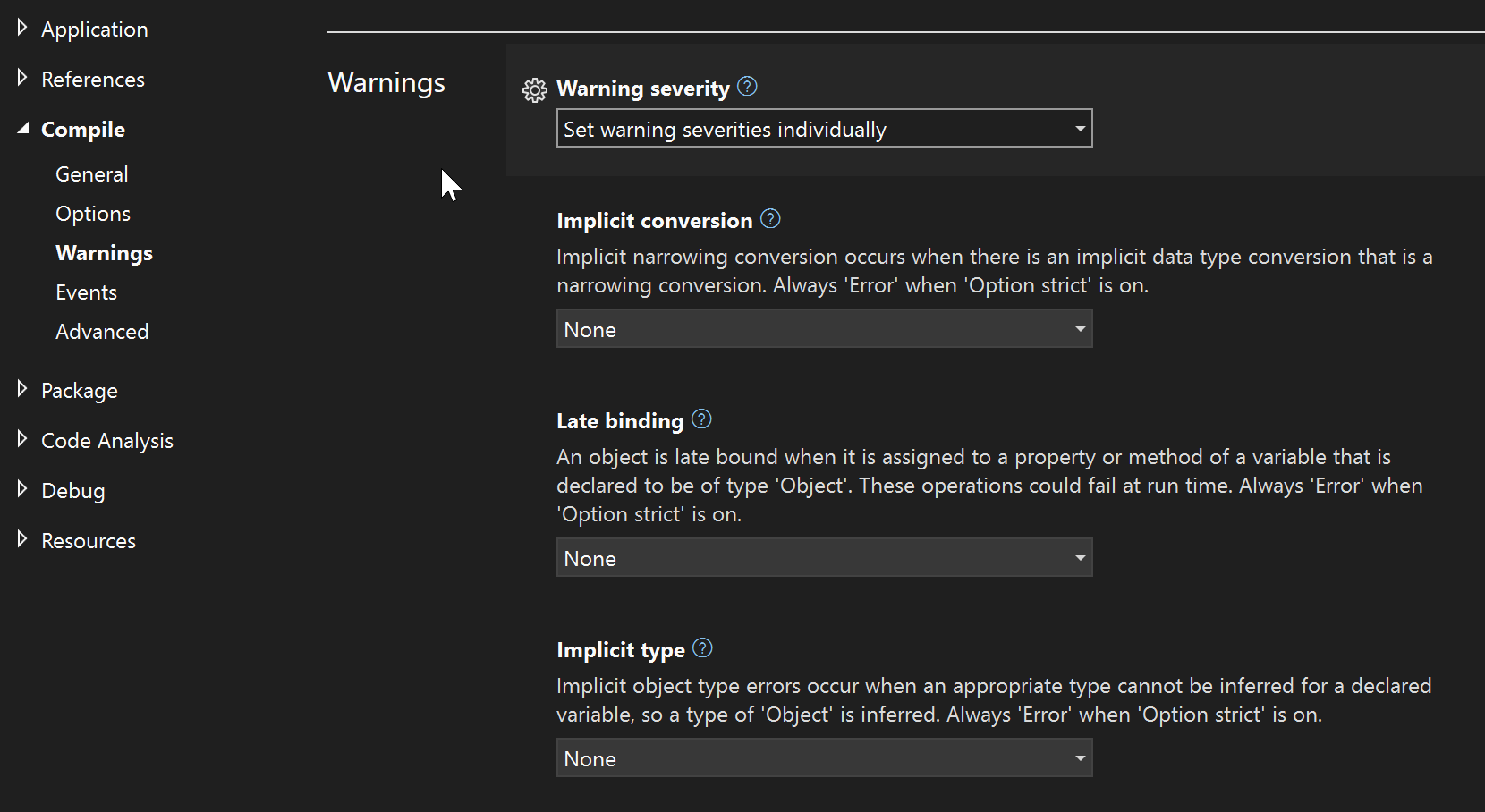 Screenshot showing the Warning severity setting for a Visual Basic .NET project.