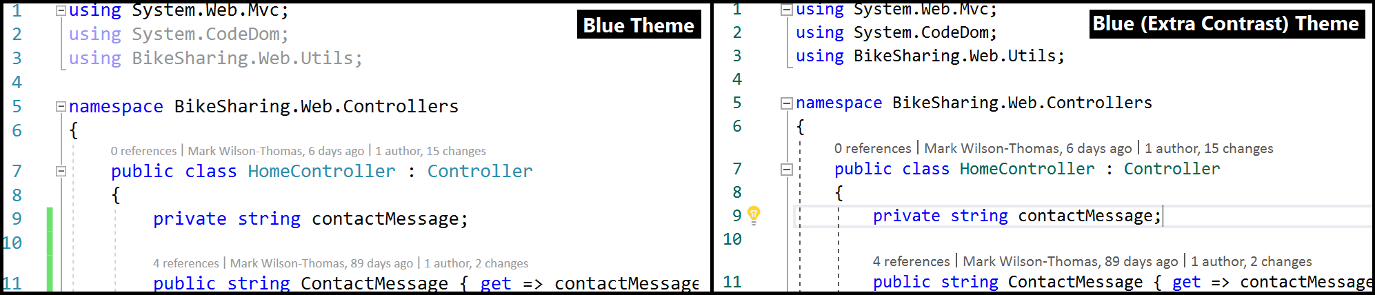 Screenshot that shows a comparison of the Blue theme and the Blue Extra Contrast theme.