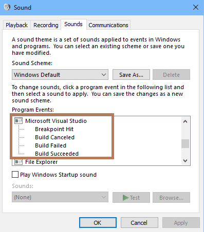 Screenshot of the Sounds tab of the Sound dialog box in Windows 10.