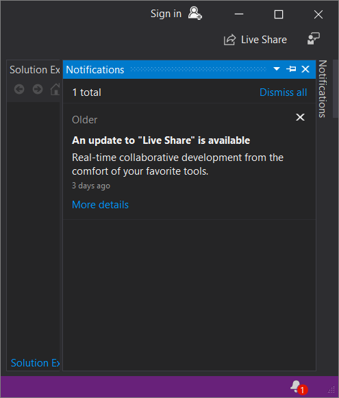 Screenshot of the Notifications window in the Visual Studio IDE.