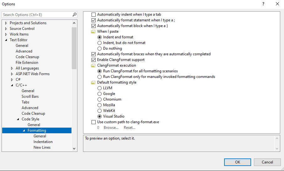 Screenshot of the Formatting settings for the C/C++ text editor in the Options dialog box.