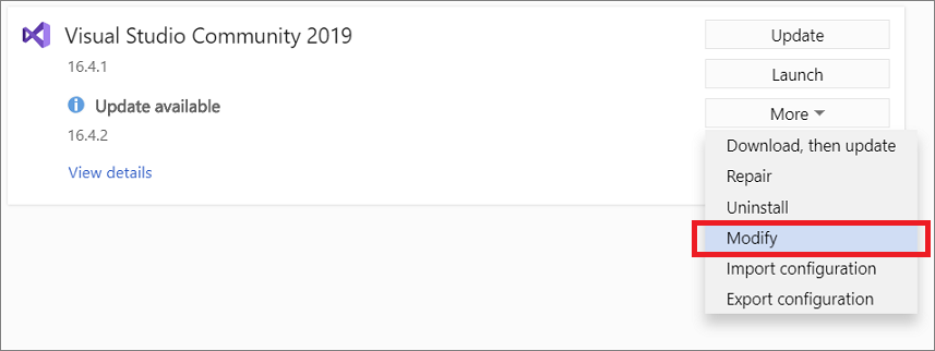 Screenshot of the Modify button in the Visual Studio Installer. The button is located on the More dropdown menu when an update is pending.