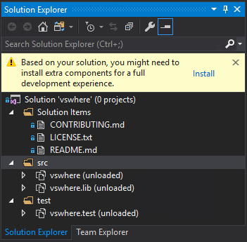 Screenshot of Solution Explorer suggesting additional components.