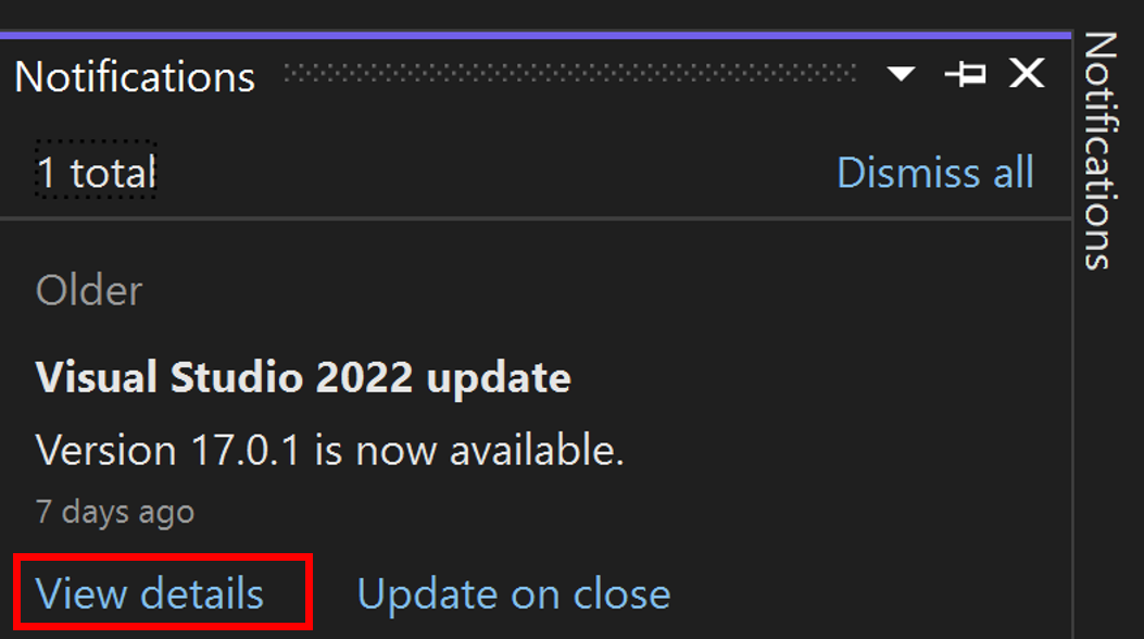 Screenshot showing the Notifications hub in the Visual Studio IDE.