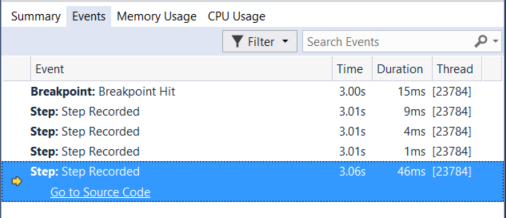 Screenshot of Diagnostic Tools Events view.