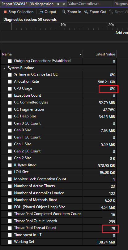 Screenshot of counters showing in the .NET Counters tool.