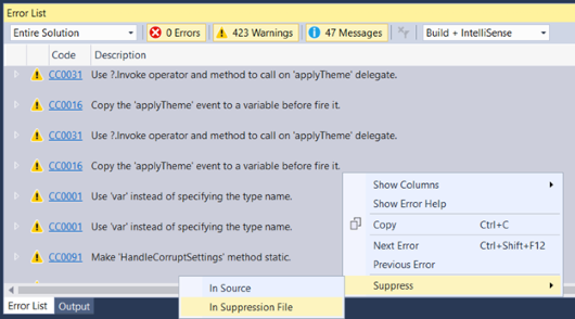 Managing analysis issues by using supression