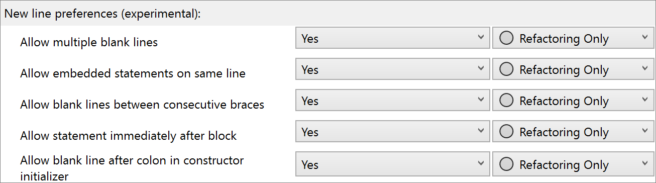 Code style options for new lines