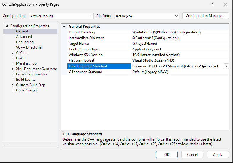 C++ Language Standard under the General tab set to c++23preview