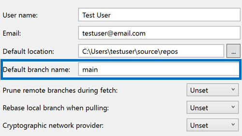 Git Settings page with the Default branch name text box