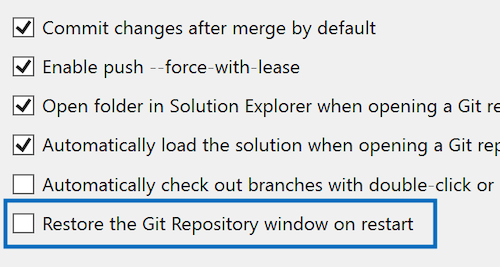 Git Settings page with the restore Git Repository window checkbox.