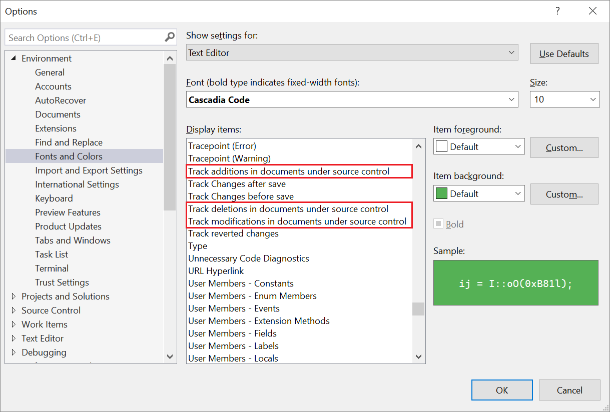 Screenshot of the Options dialog where you can change the colors Visual Studio uses for source control.