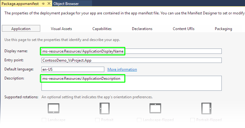 Screenshot of the Visual Studio Manifest Designer showing the Application tab with the Display name and Description text boxes called out.