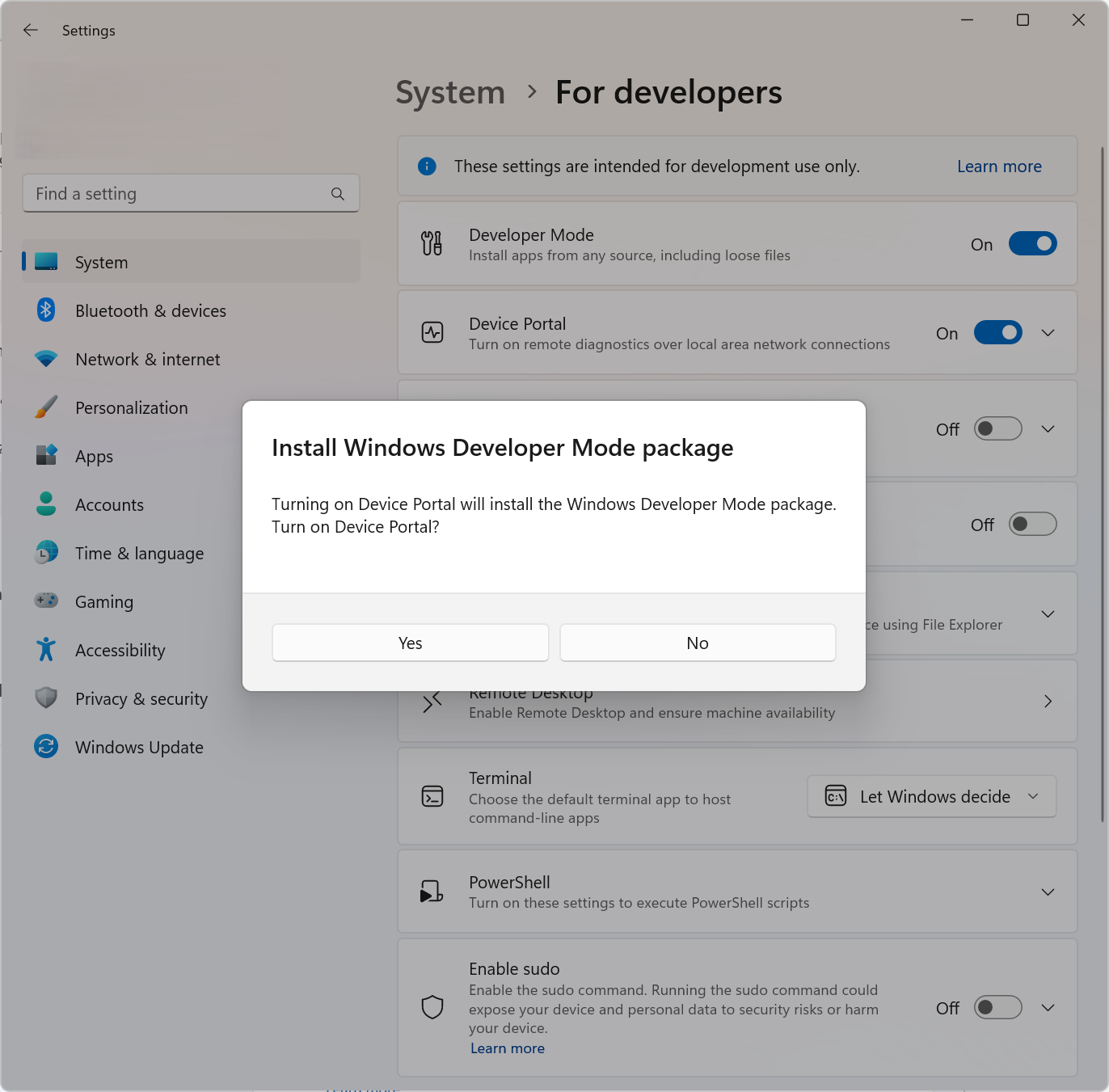 Screenshot of the Settings -> System -> For developers window that shows the Install Windows Developer Mode package dialog after enabling Device Portal.