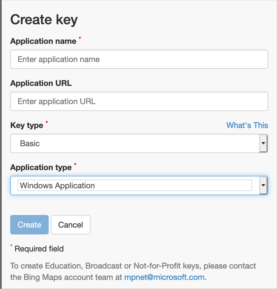 an example of the create key form.