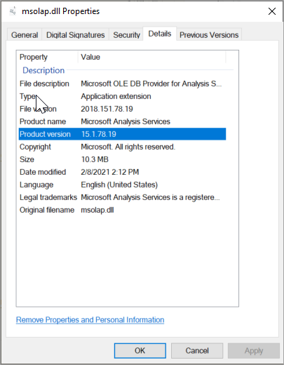 MSOLAP Client library details dialog