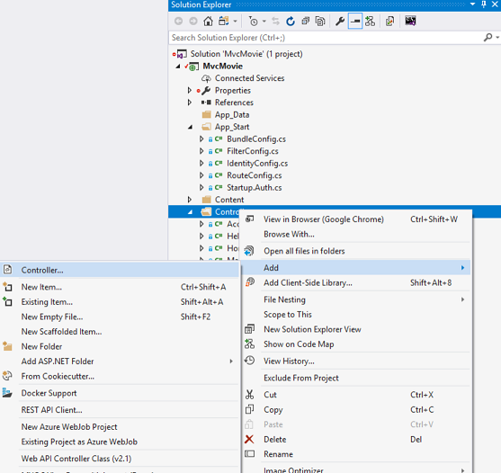 Screenshot that shows the Solution Explorer window. The right click menu from the Controllers folder is open and Add is selected. Controller is selected in the sub menu.