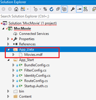 Screenshot that shows the Solution Explorer window. The App Data folder and the Movies dot m d f subfolder are circled in red.